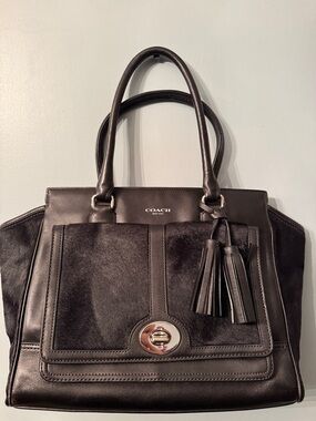 Coach Black Leather & Haircalf Satchel with Tassels